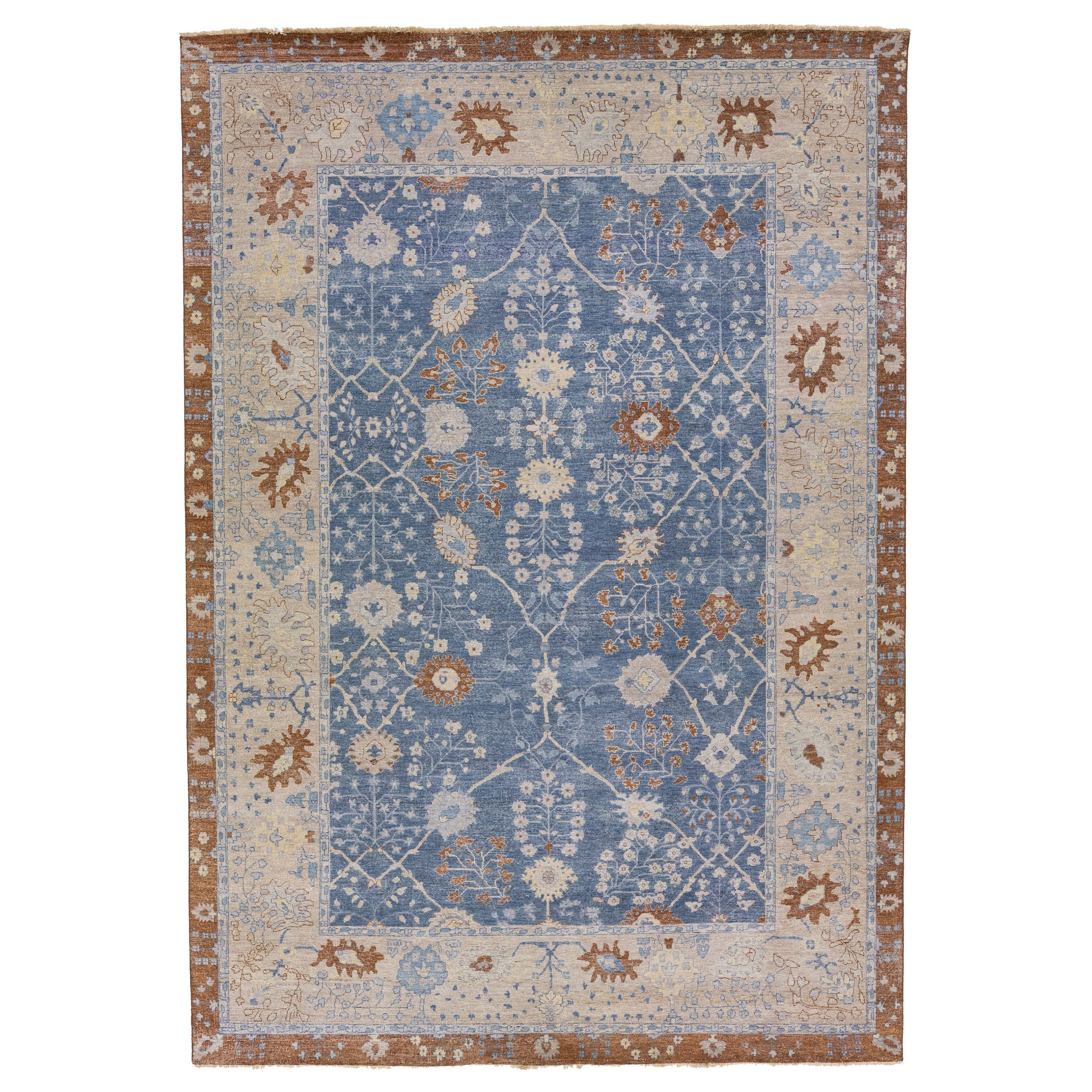 Blue Apadana's Artisan Collection Handmade Floral Wool Rug For Sale