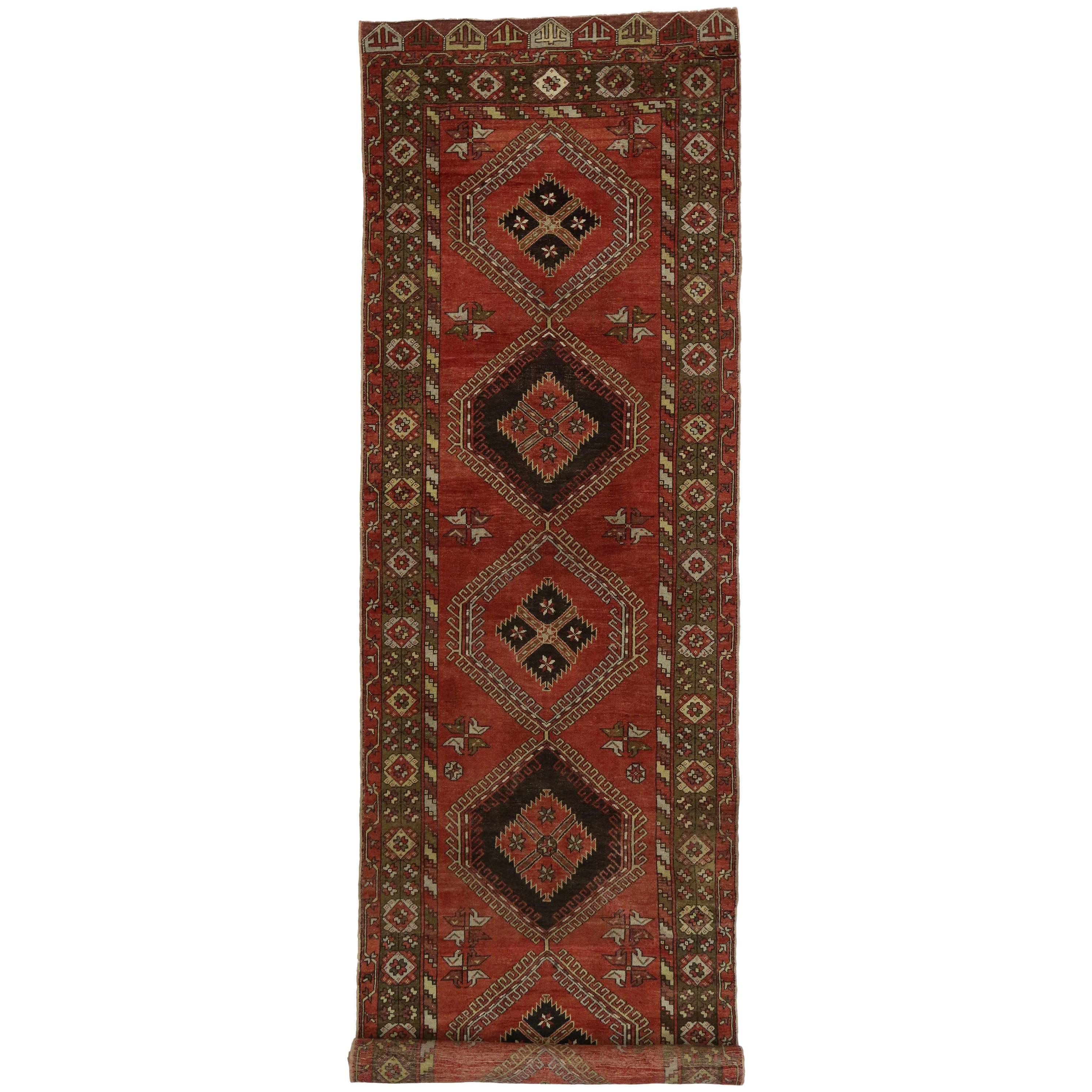 Vintage Turkish Oushak Long Carpet Runner with Mid-Century Modern Style