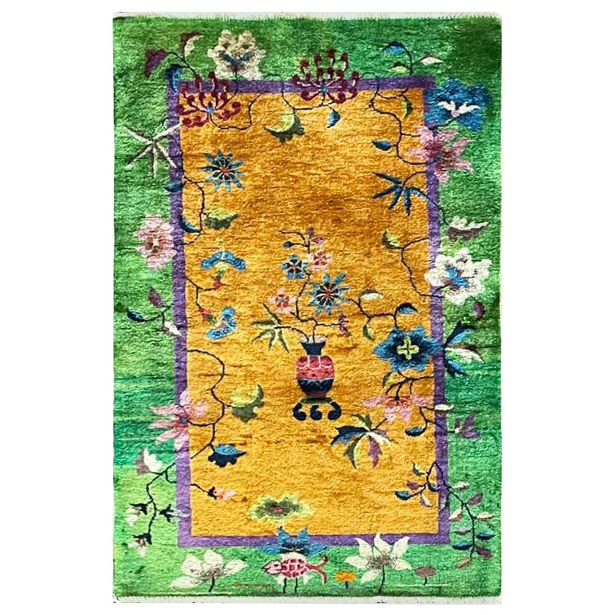 Antique Art Deco Chinese Oriental Rug,  2'11" x 4'10" c-1920's, The Lost Fish For Sale
