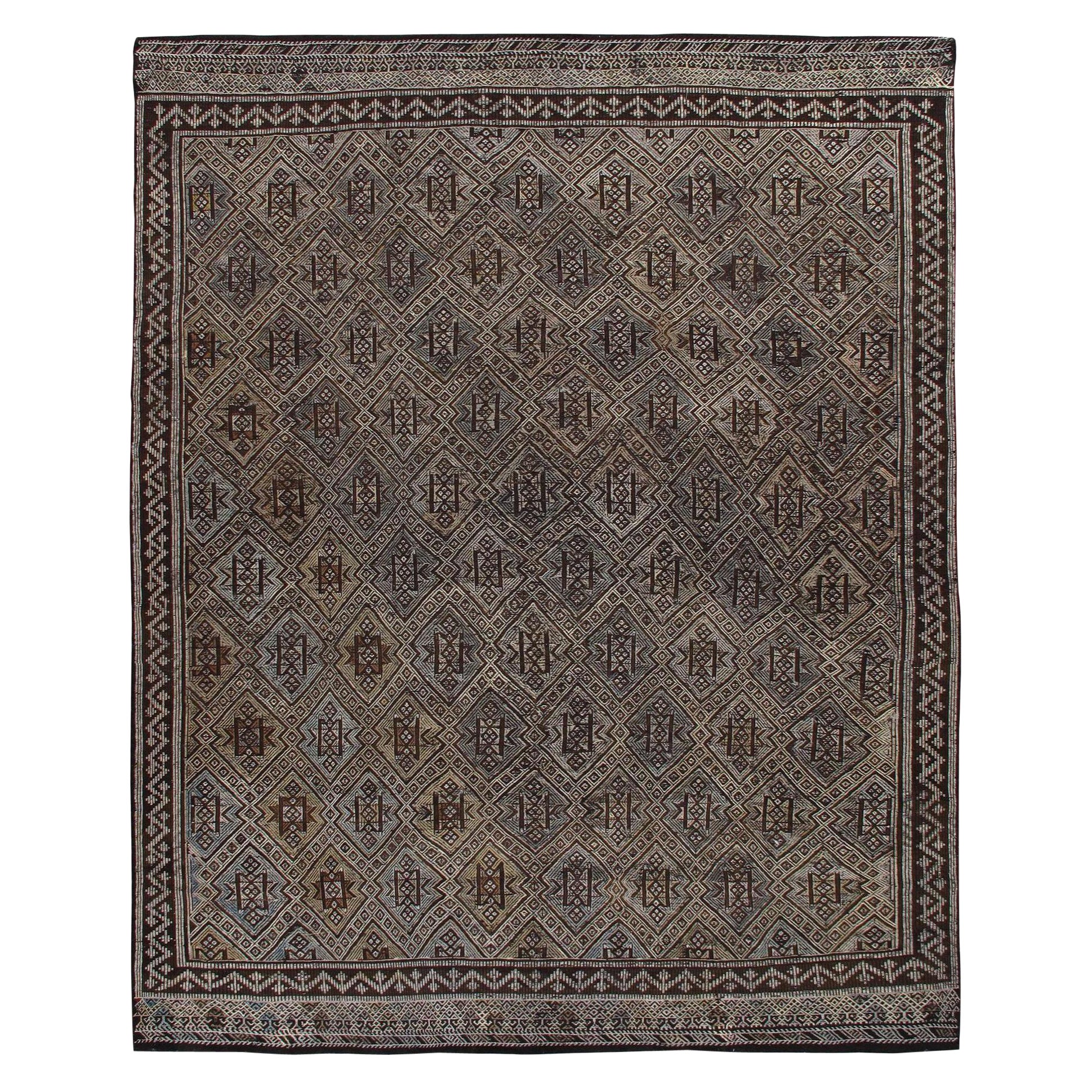 Vintage Mid-Century Persian Zeillu Flatweave Brown Wool Tribal Rug