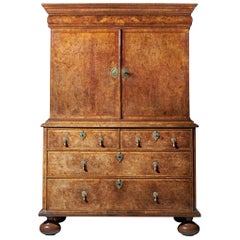 Original 17th Century William and Mary Burr Walnut Cabinet on Chest
