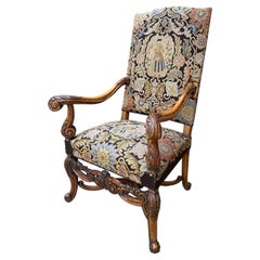 Used French Chair Tapestry Needlepoint Floral Carved Walnut Fireside Throne