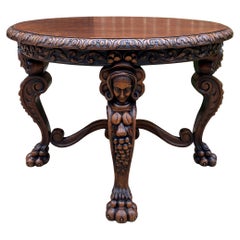 Ancienne table ronde française d'entrée, canapé d'entrée, table basse, table de salle à manger en chêne néo-renaissance