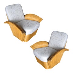 Restored Art Deco Rattan Fan Arm Lounge Chair Pair