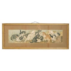 Antique Victorian Yard Long Print of Kittens in Giltwood Frame, Circa 1900