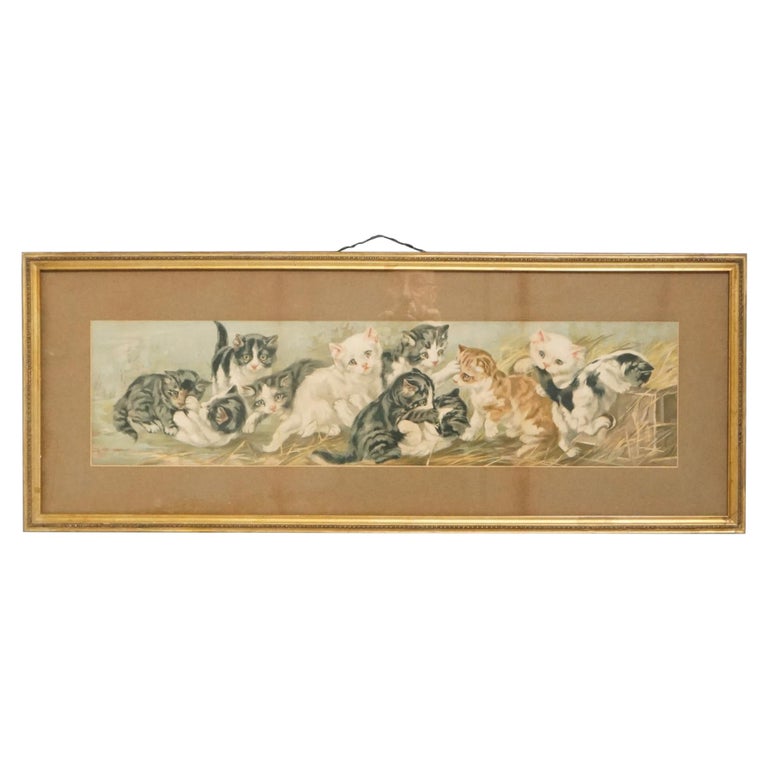 Antique Victorian Yard Long Print of Kittens in Giltwood Frame, Circa