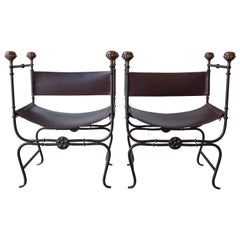 Modern Pair of Iron Brass and Leather Savonarola Curule Chairs