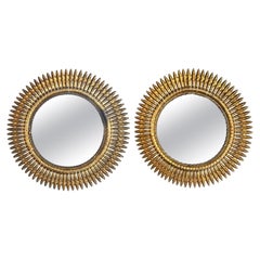 Stunning Pair of Large 1950s Gilt Metal Spanish Circular Sunburst Mirrors