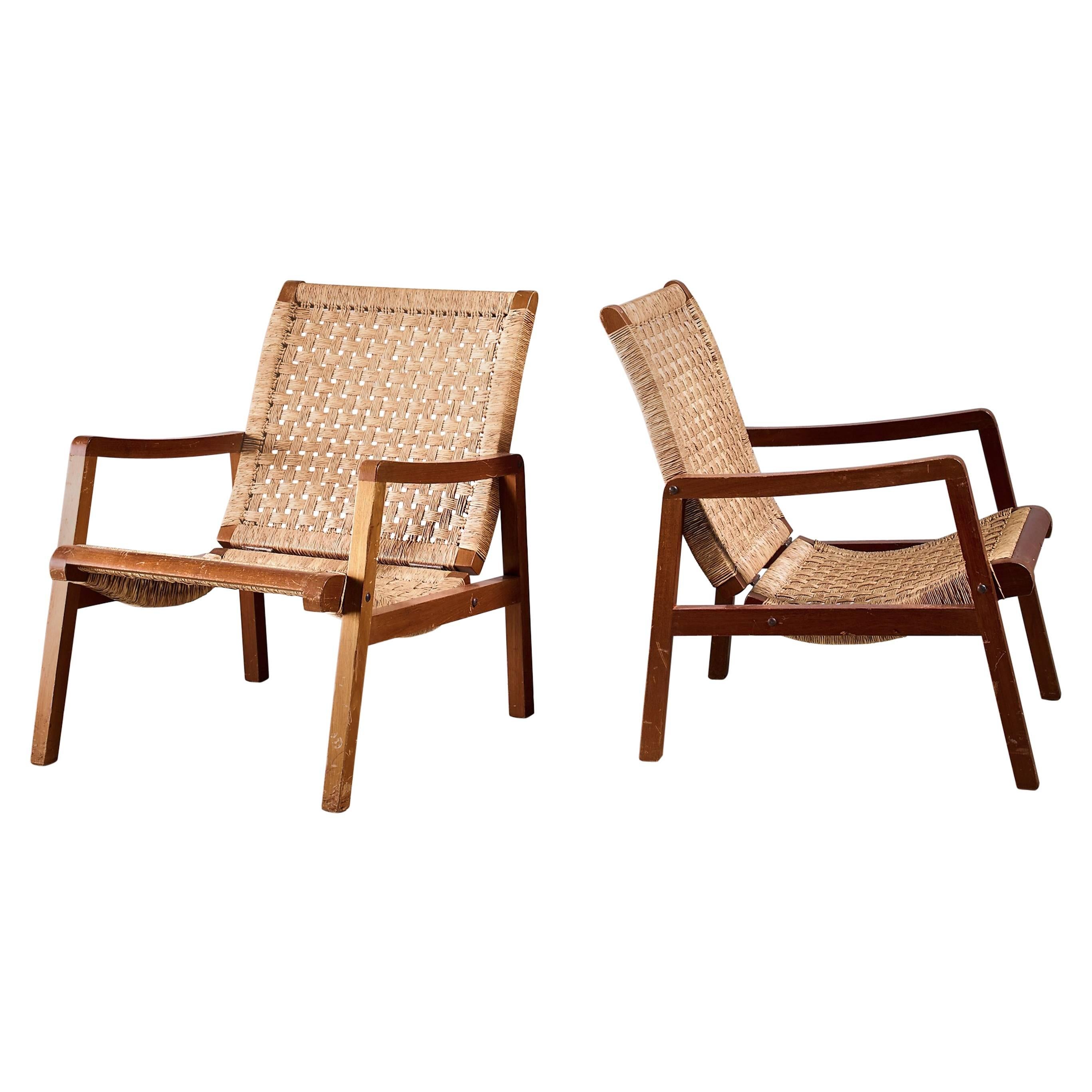 Pair of Mexican Wood and Cane Armchairs, 1950s