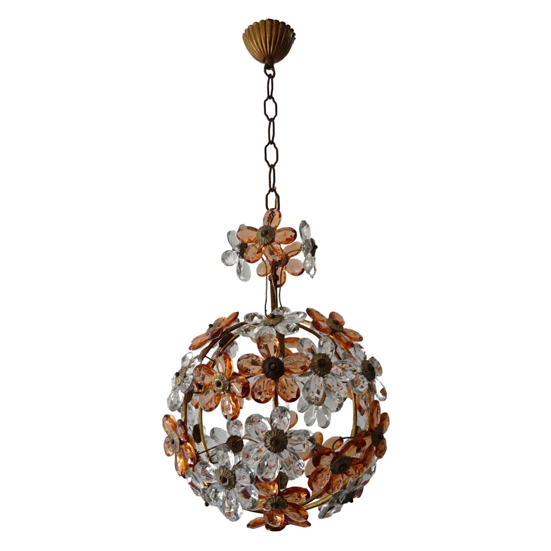 Clear and Peach Crystal Flowers Maison Baguès Style Chandelier, c 1920 For Sale