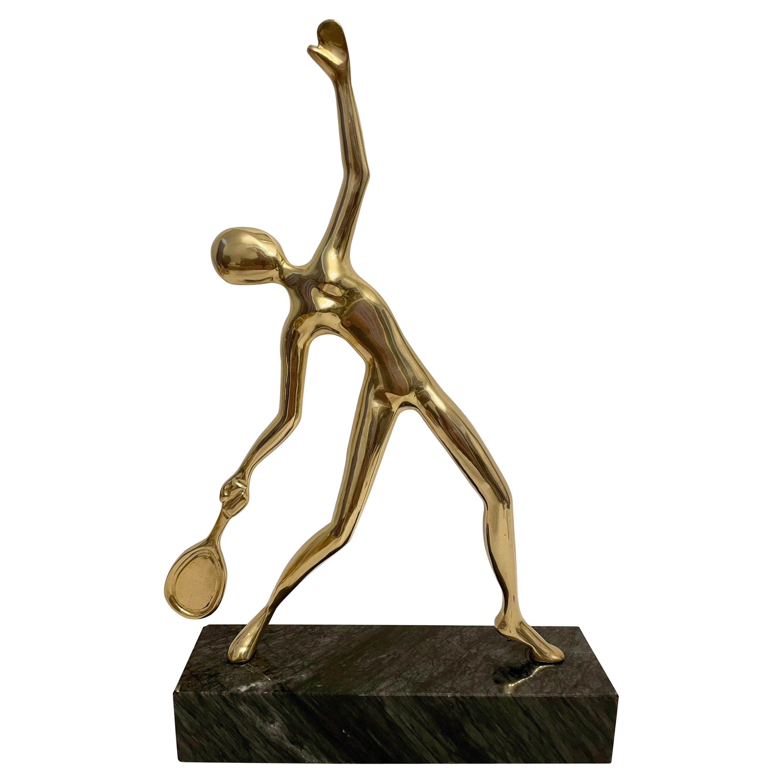 Large Tennis Player Sculpture in Solid Brass on Marble Base For Sale