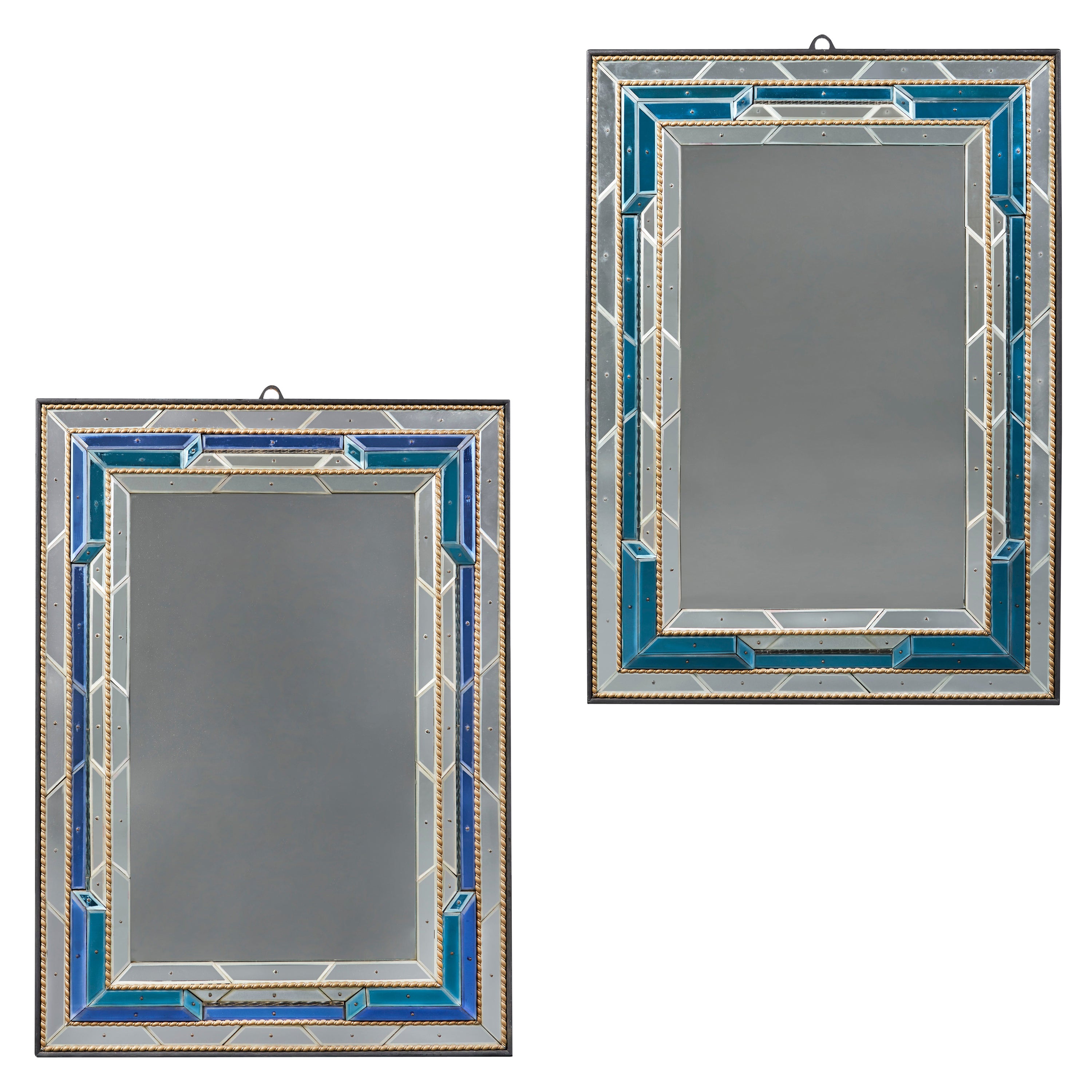 A Matched Pair of Overscale Mid-Century Venetian Mirrors with Blue Border