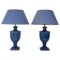 Cobalt Blue Porcelain Table Lamps French 1970s Robert Kostka Vintage - a Pair