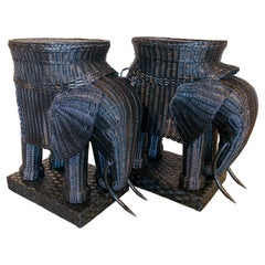 Retro 1970s Pair of Wicker Tables in the Shape of Elephants and Painted in Black