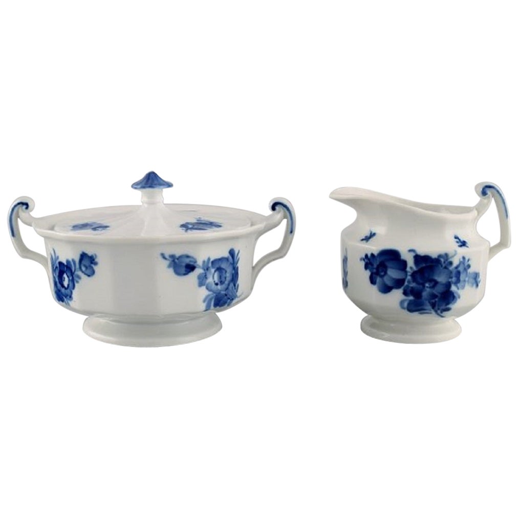 Royal Copenhagen Blue Flower Angular Sugar Bowl and Creamer For Sale