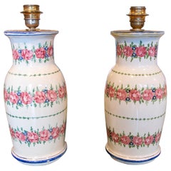 1980s, Pair of Ceramic Table Lamps with Handpainted Flowers