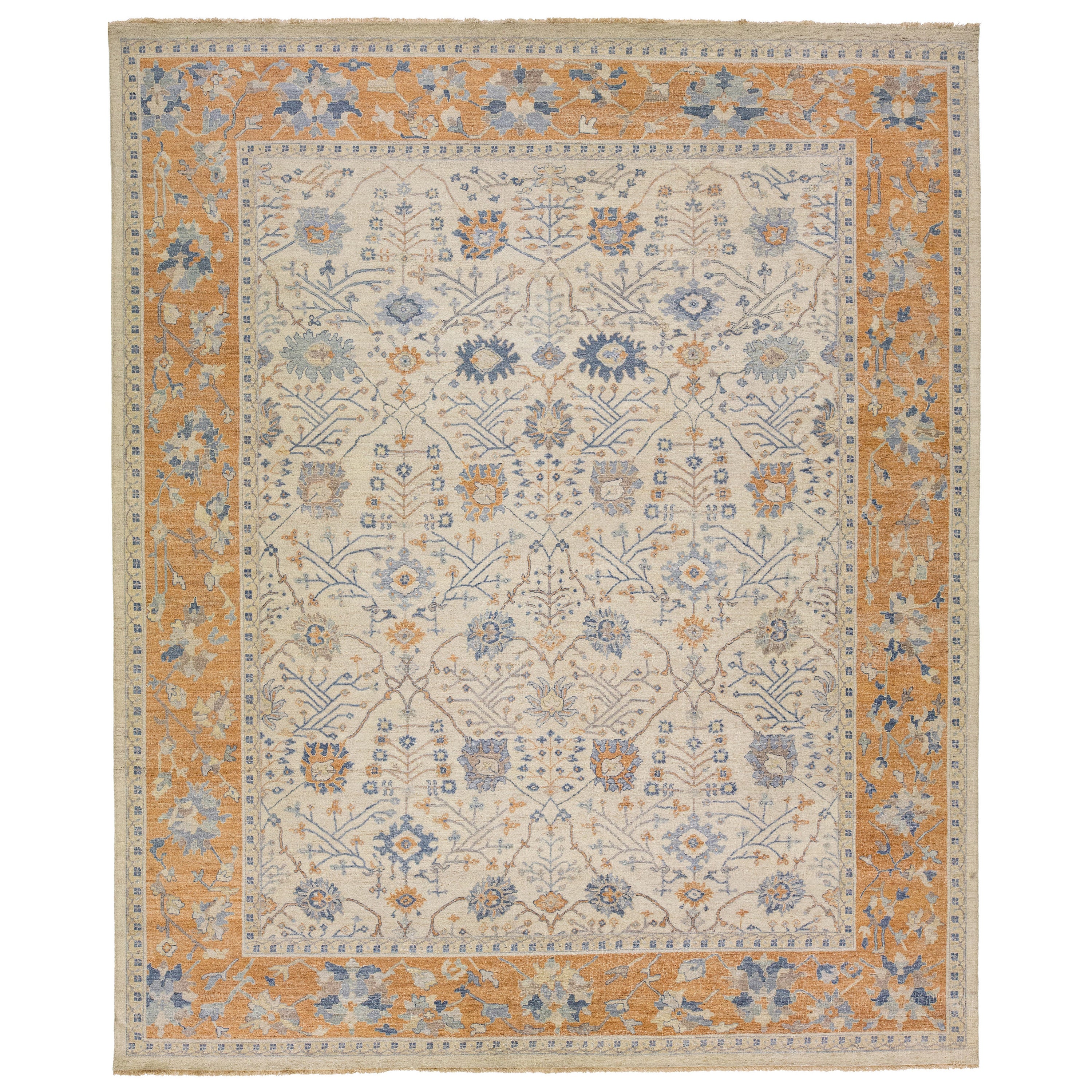 Apadana's Artisan Collection Handmade Beige and Orange Designed Wool Rug For Sale