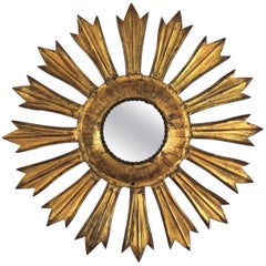 French Sunburst Starburst Mirror in Gilt Metal, 1940s