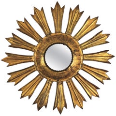 French Sunburst Starburst Mirror in Gilt Metal, 1940s