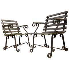Used Pair of 1920's Strap Iron & Teak Garden Chairs