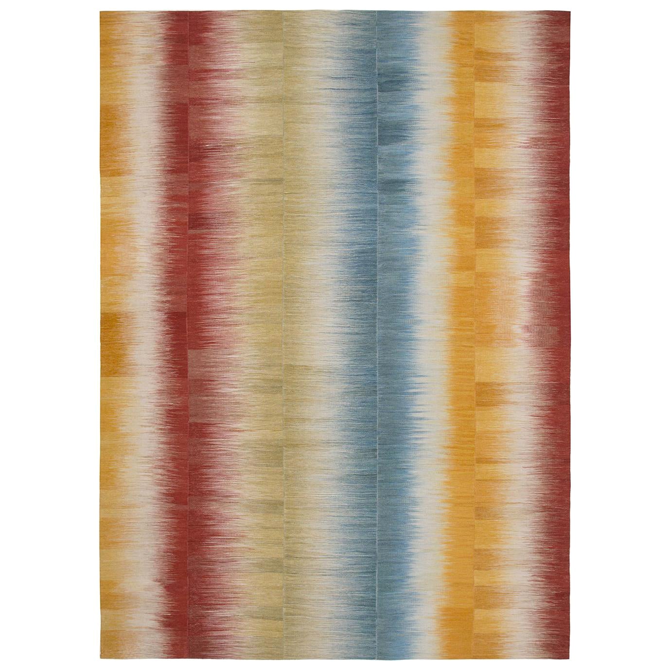 Persischer, handgewebter, flachgewebter Mazandaran-Teppich mit roten, gelben und blauen Streifen