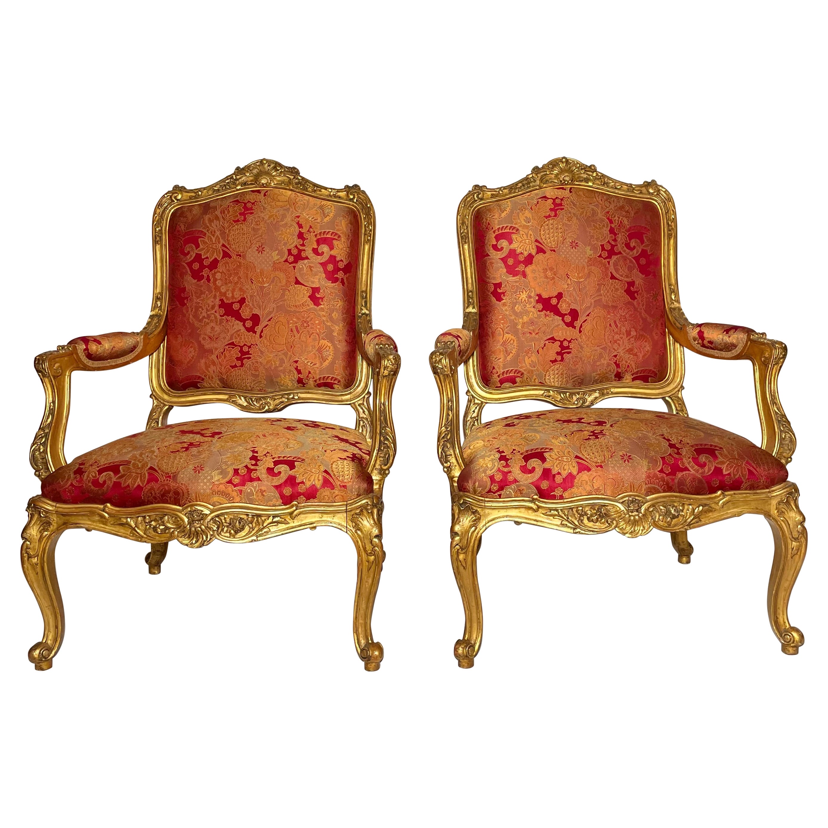 Paire de fauteuils de style Régence français anciens en feuilles d'or, vers 1880 en vente