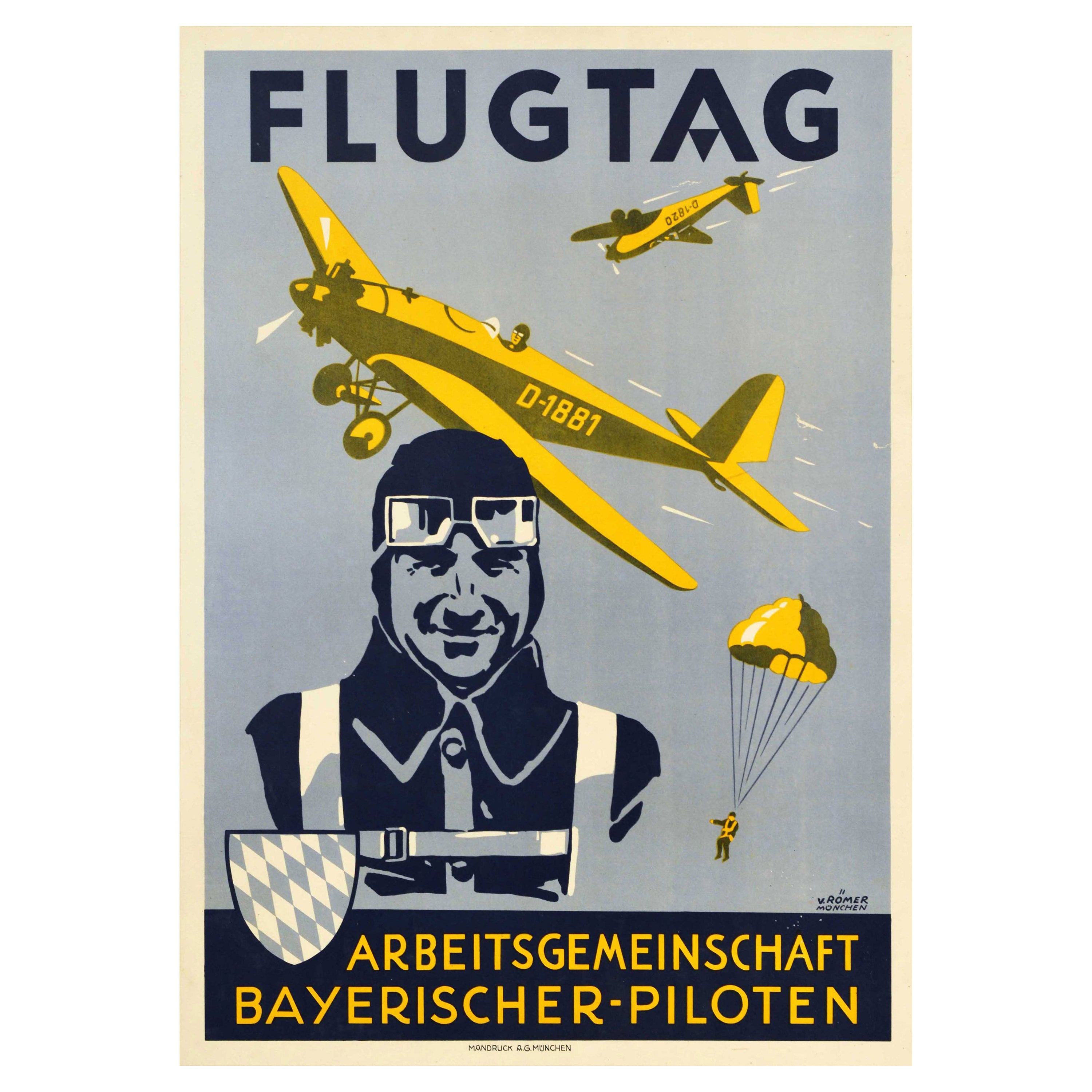 Original Antique Poster Flugtag Bavaria Pilots Flight Day Plane Parachute Design For Sale