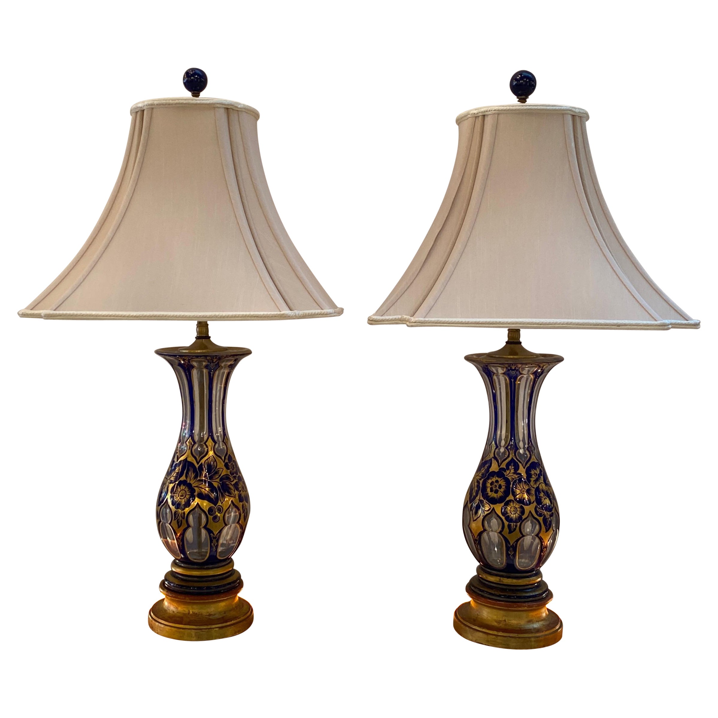 A Pair of 19th Century Cobalt Cut to Clear Heavily Gilt Lamps