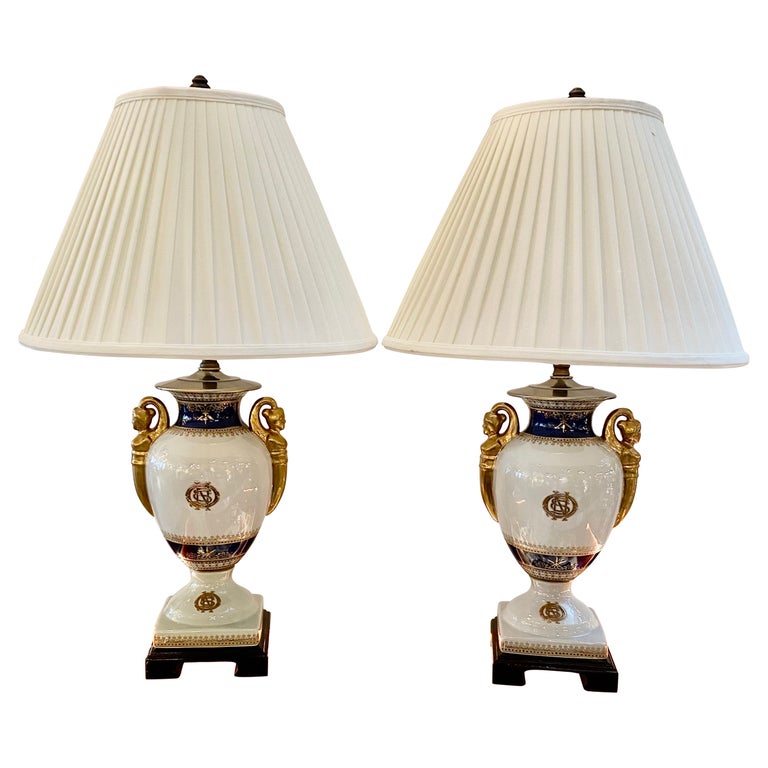 Pair of Porcelain Hand Painted Neoclassical Table Lamps For Sale