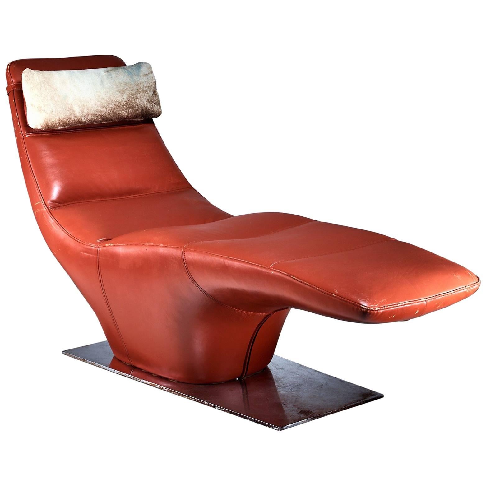 Leather Chaise Longue with Cowhide Pillow, 1960s For Sale