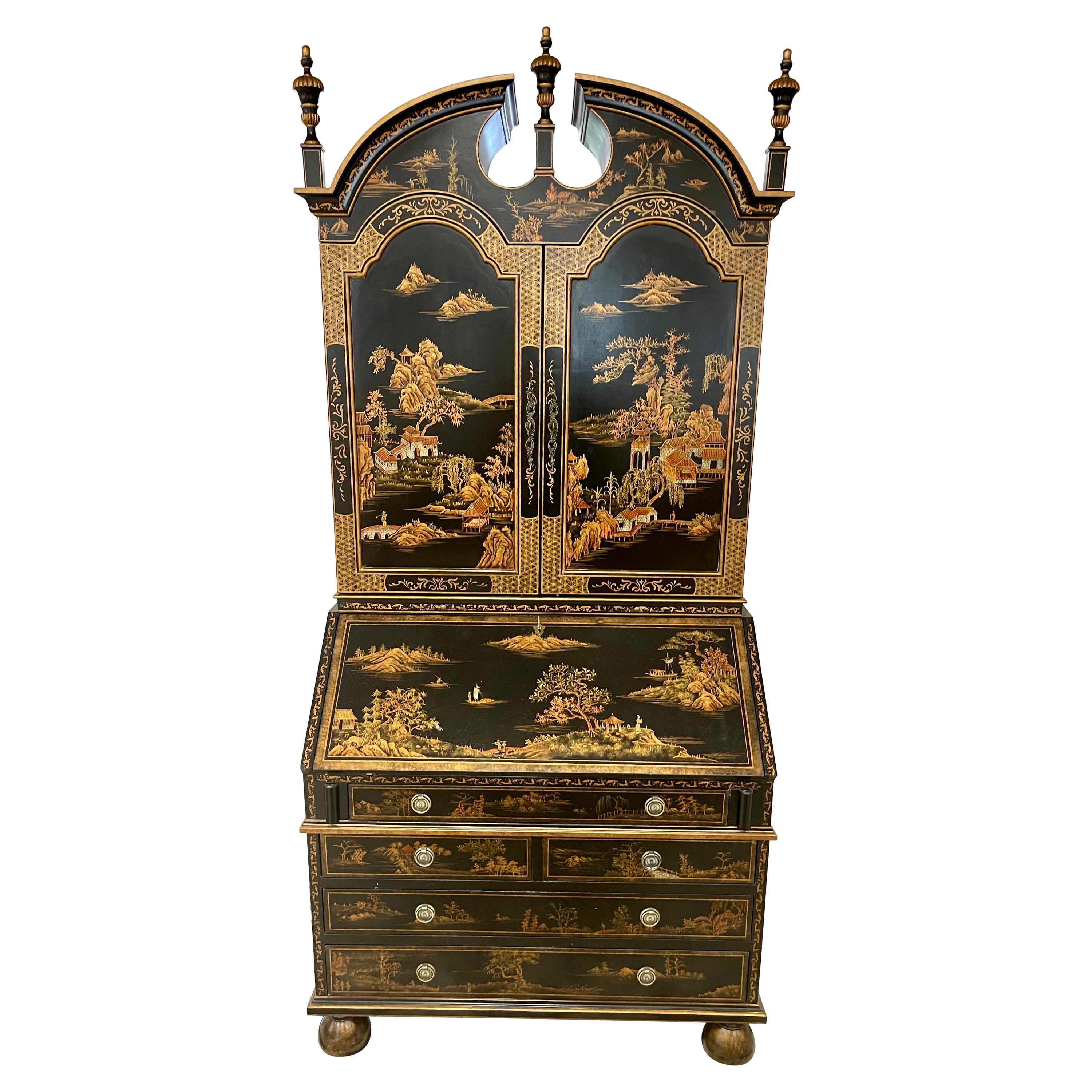 Chinoiserie Black and Gold Hand Painted Secretary Desk