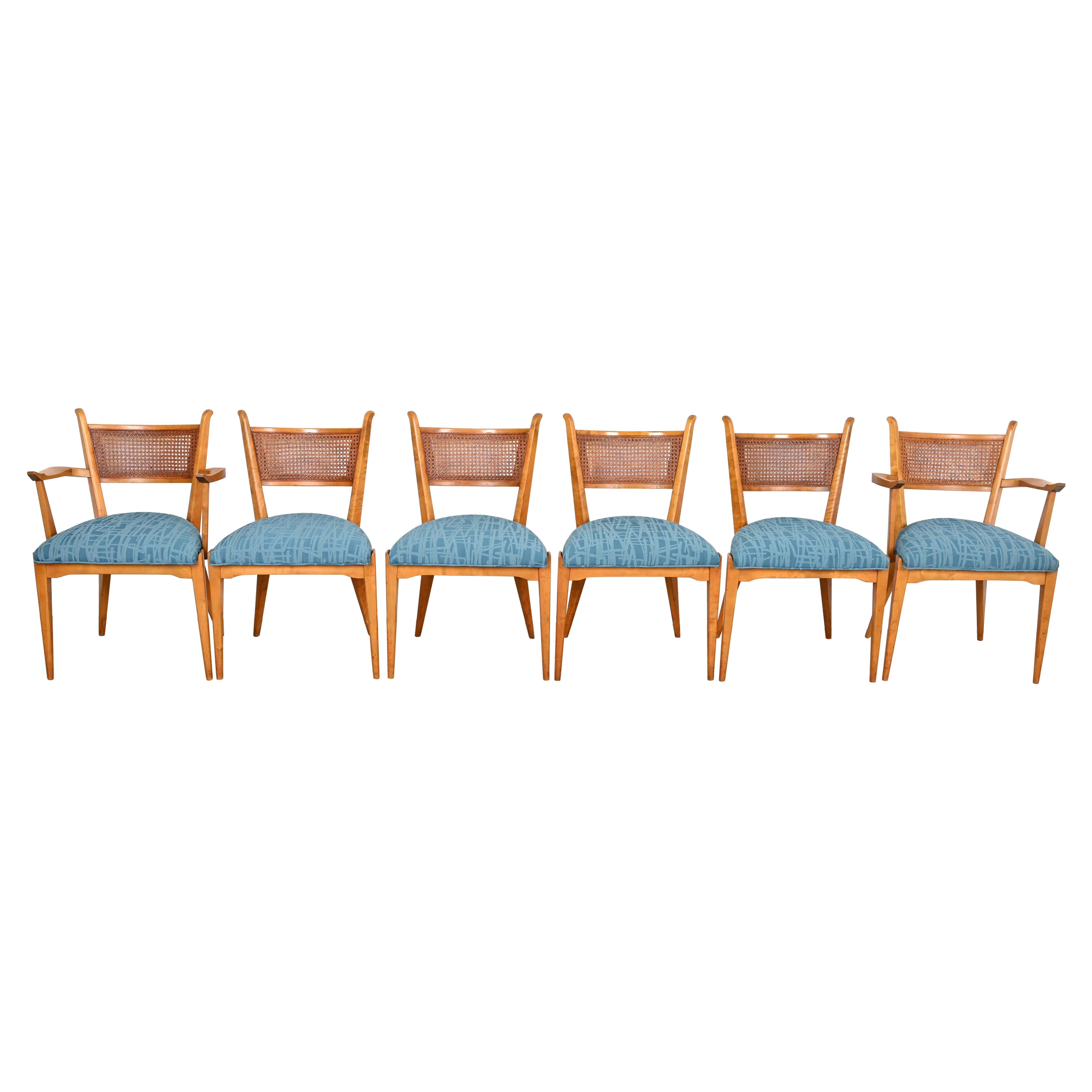 Edmond Spence Swedish Modern Maple and Cane Dining Chairs, Newly Reupholstered For Sale