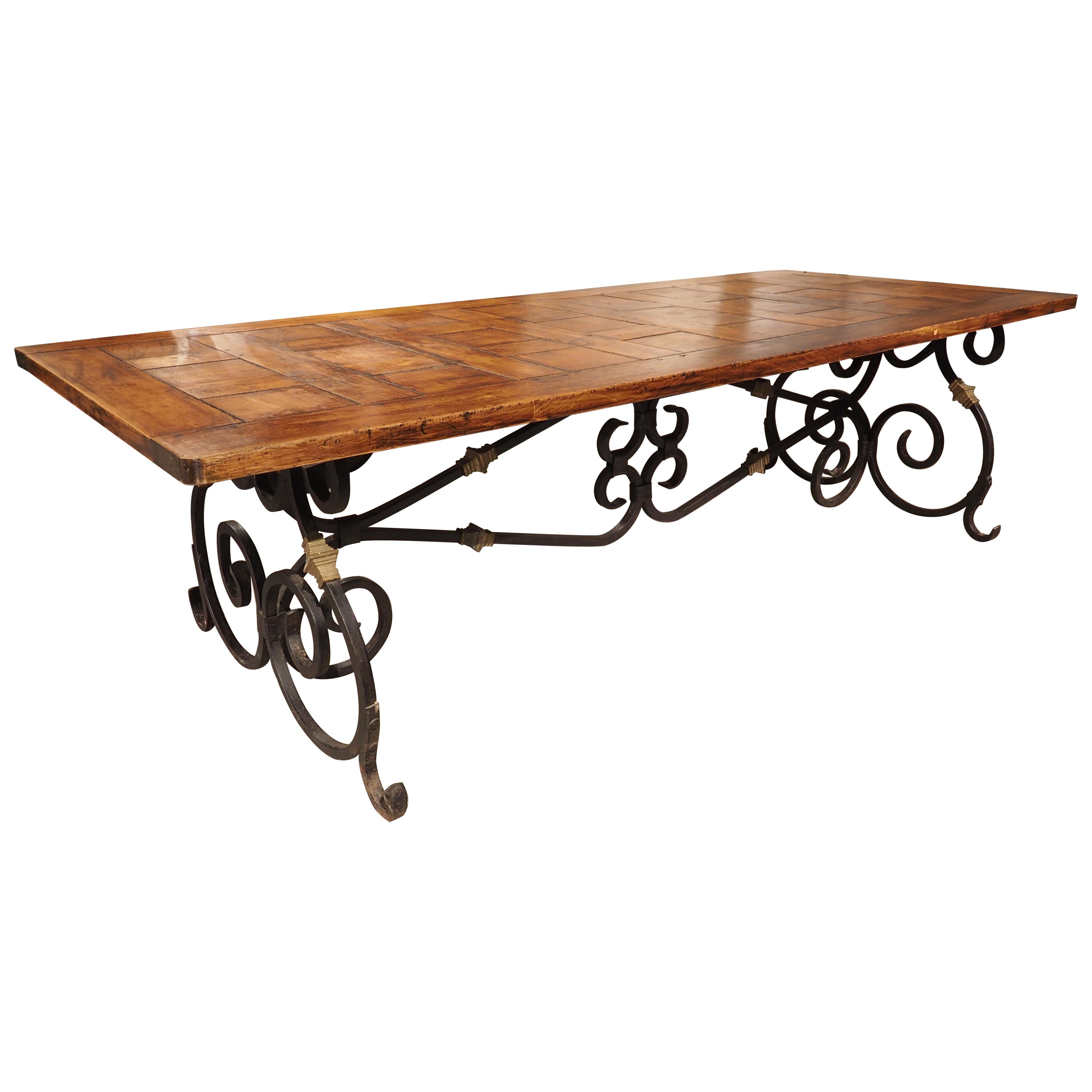 French Wrought Iron and Bronze Dining Table with Pegged Parquet Top, Circa 1940s
