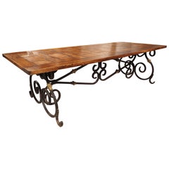 French Wrought Iron and Bronze Dining Table with Pegged Parquet Top, Circa 1940s