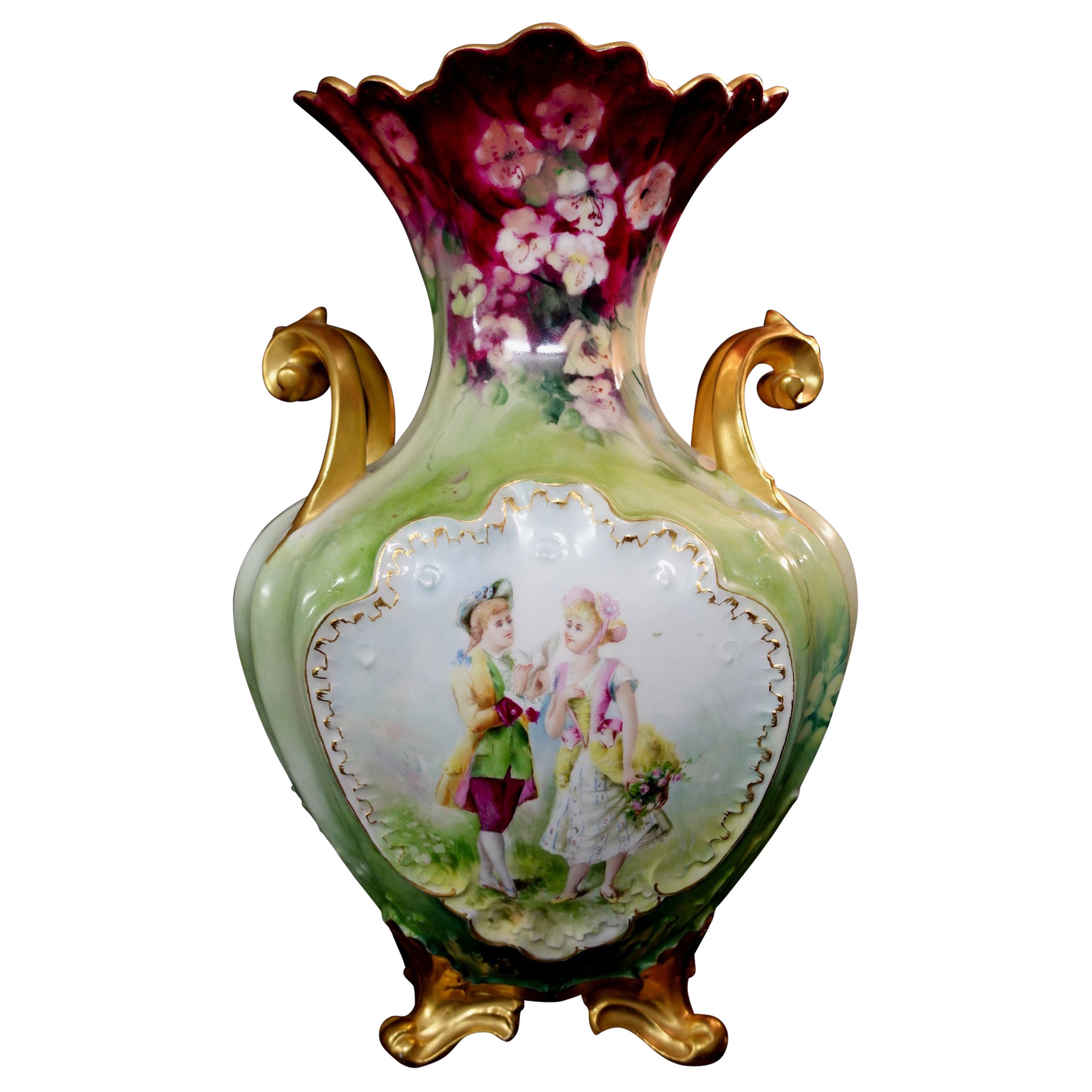Antike große handbemalte Limoges-Vase, „Markiert“, #Ric00010, Frankreich