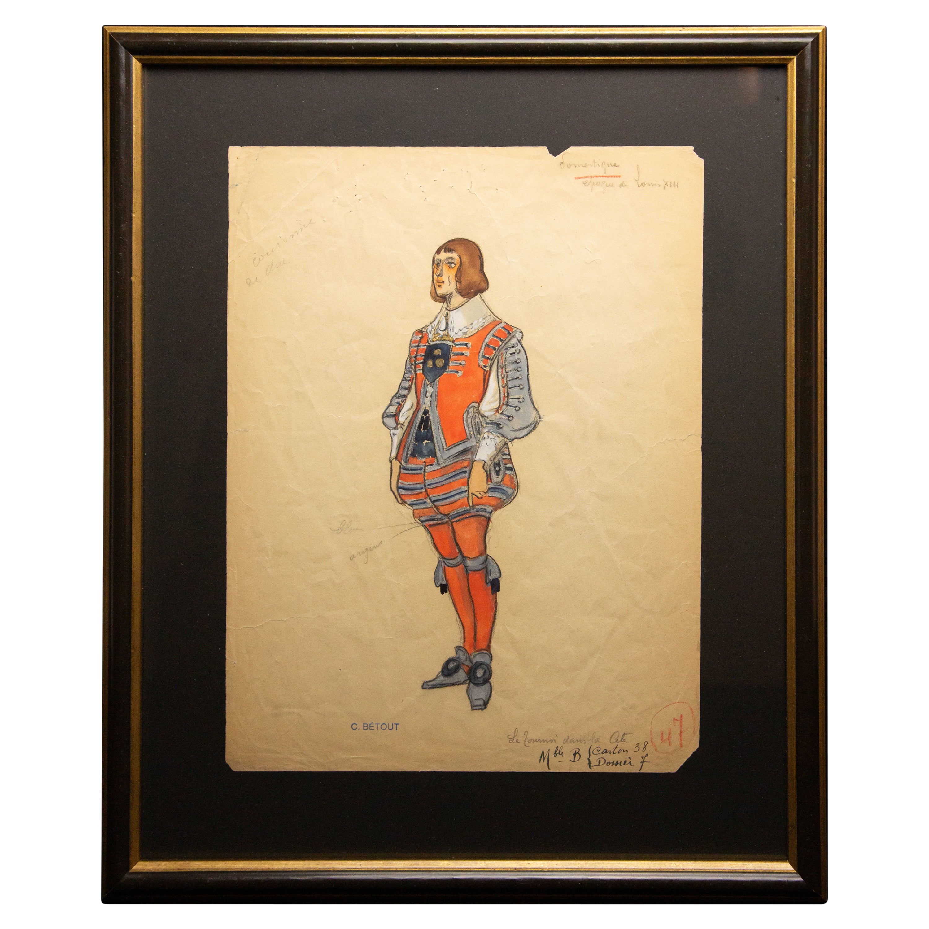 Aquarelle originale d'un costume d'opéra et de théâtre réalisée à l'aquarelle par Charles Betout, Paris