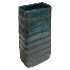 Turquoise and Grey Striped Rectangular Shape Glass Vase, Romania, Contemporary