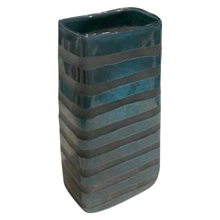 Turquoise and Grey Striped Rectangular Shape Glass Vase, Romania