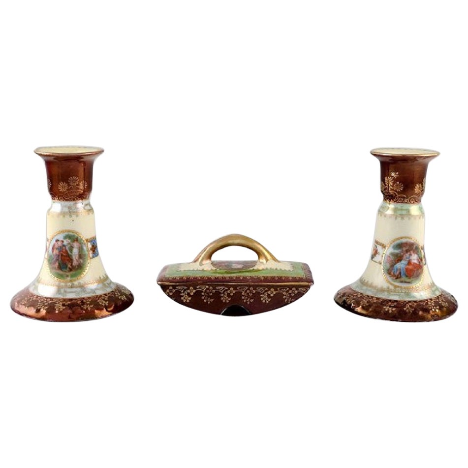 Two Candlesticks and Ink Dryer in Hand-Painted Porcelain, Vienna, Early 20th C For Sale