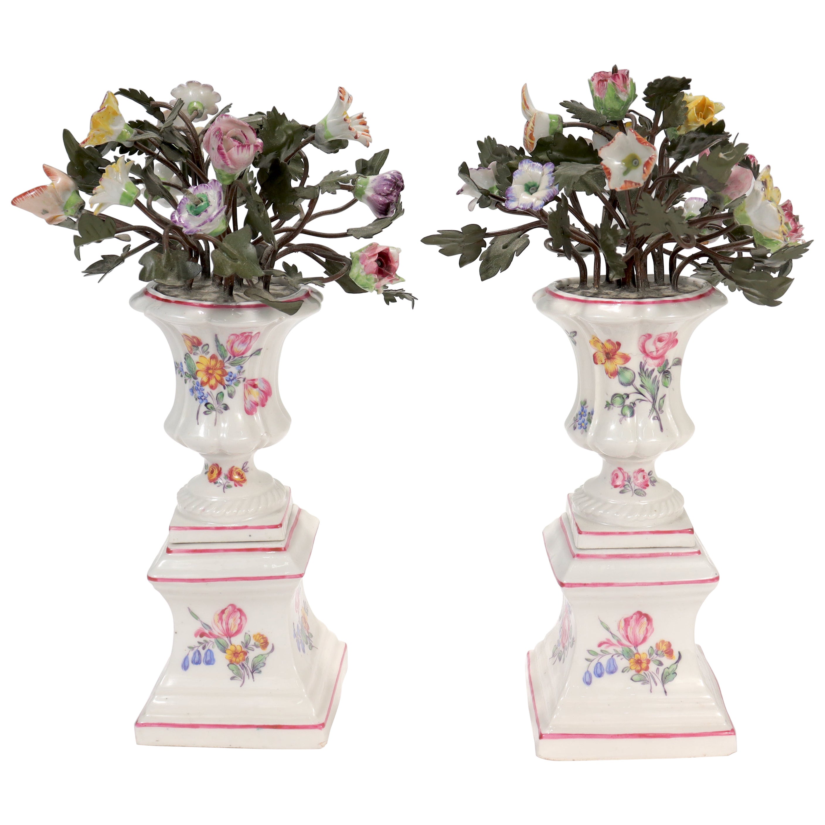 Pair Antique Samson Mennecy Style Tole Peinte & Porcelain Flower Vases/Cachepots