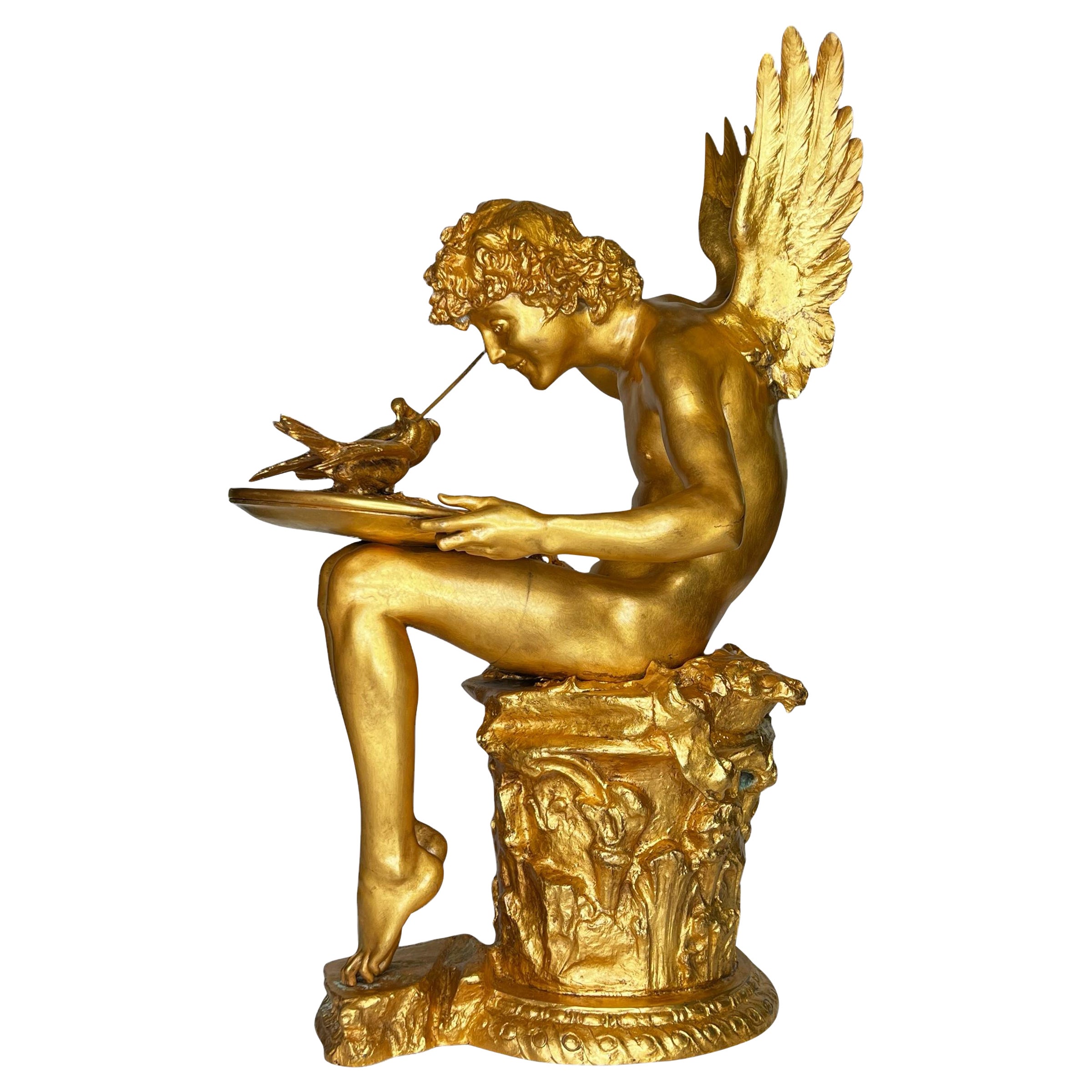 Amour Aux Colombes - Sculpture en bronze doré d'après Jean Antoine Injalbert
