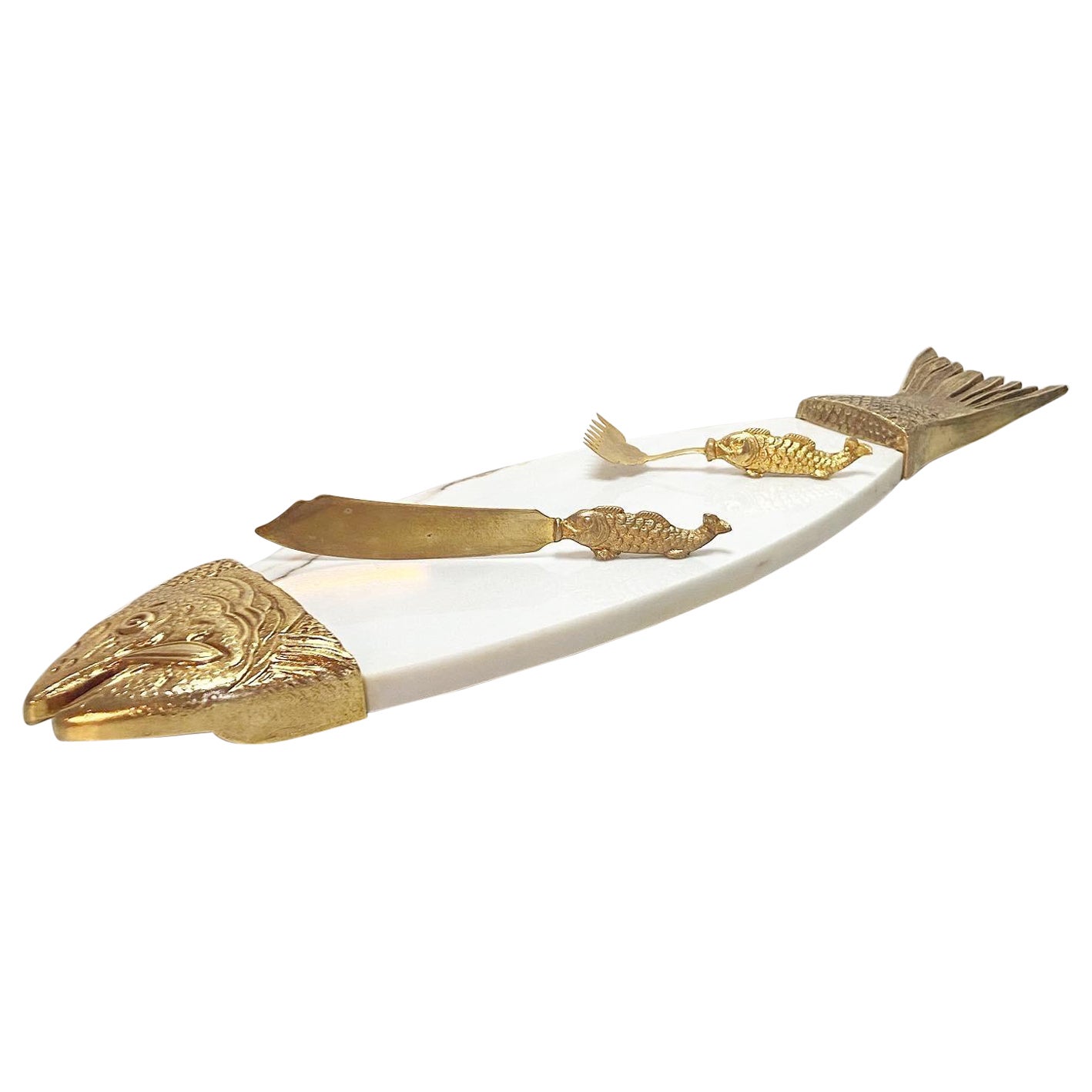 Mid Century Marble & Brass Fish Serving Platter with Matching Fork and Knife