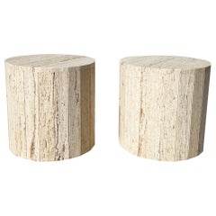 Fluted Italian Travertine Drum Tables, Vintage Pair