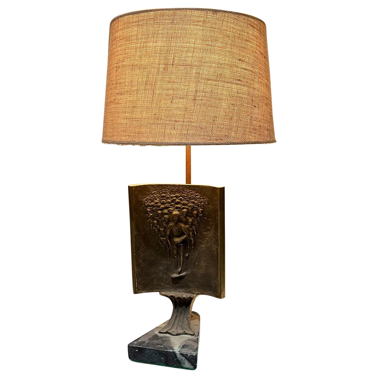 1960s Italian Table Lamp Art Mid Sculpture in Bronze Green Marble Base Italy For Sale