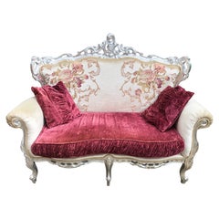 Very Elegant Silver Fabric Sofa with Floral Motifs and Bordeaux Velvet