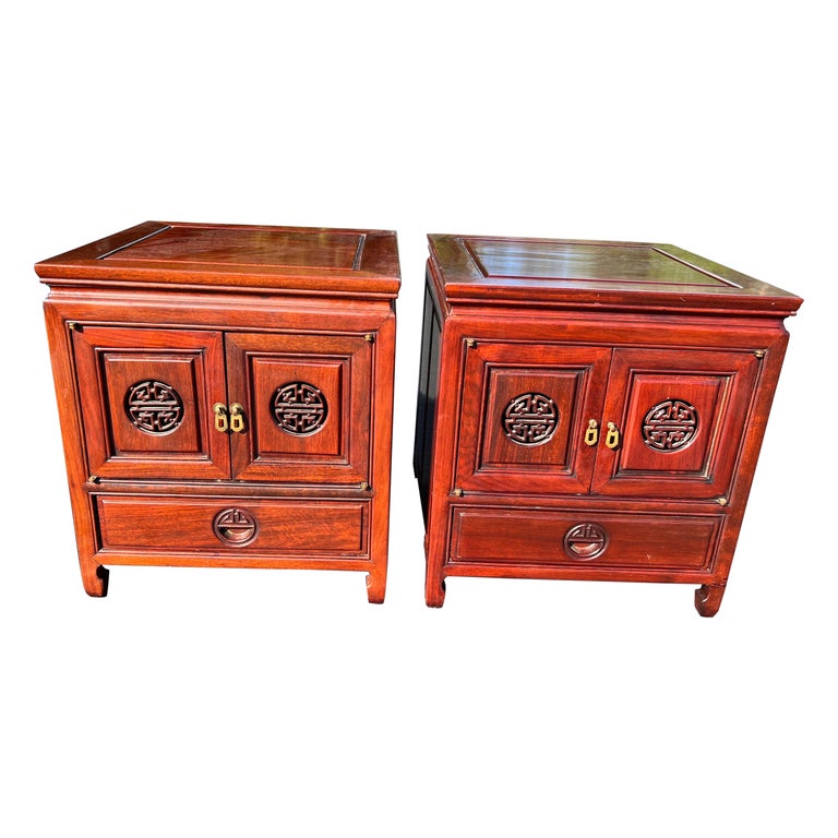Pair of Vintage Asian Rosewood Nightstands by Zee For Sale at