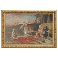 Antique Continental Oil on Canvas Painting, Dancing Woman Genre Scene, 19th C