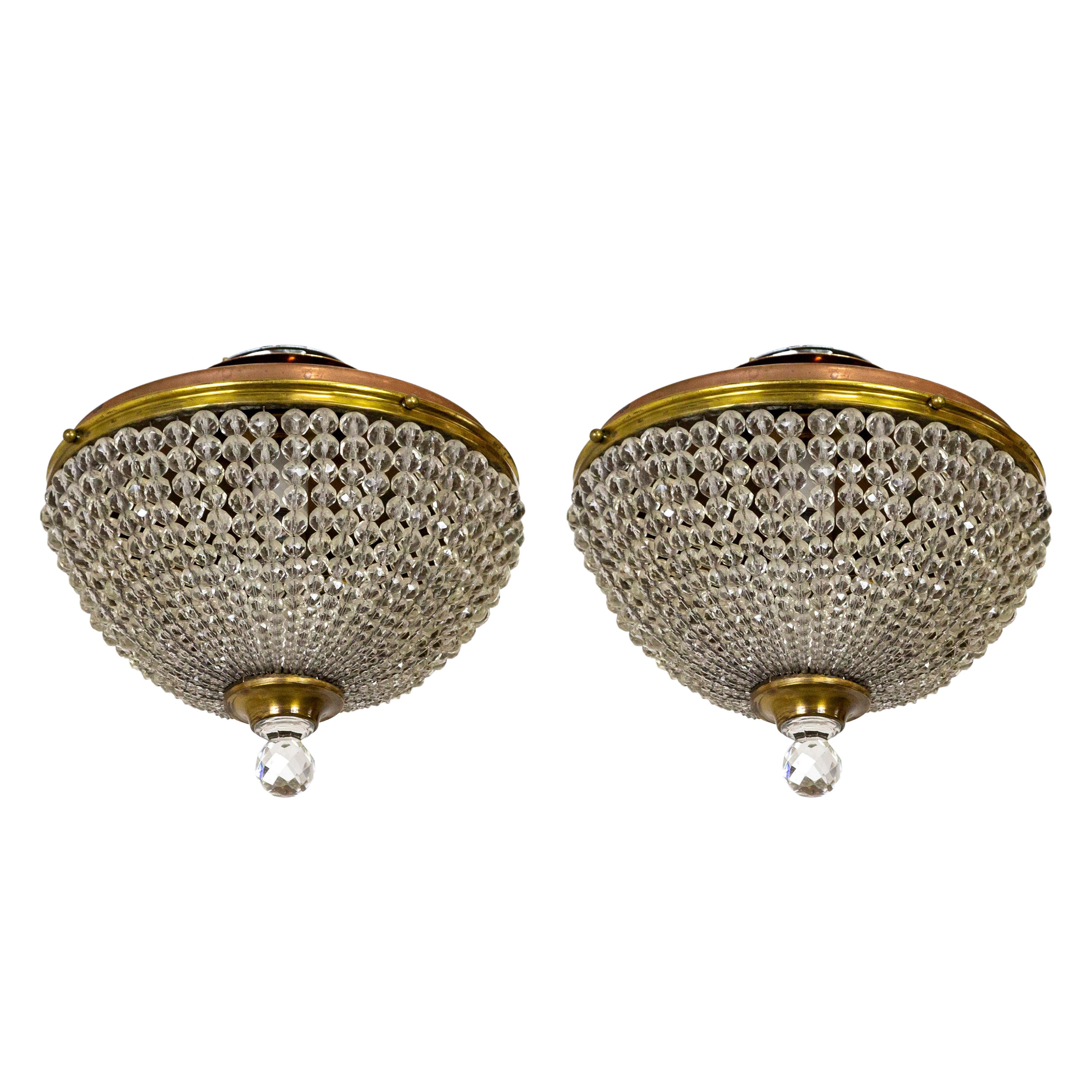 Early 20th Cent. Beaded Czech Crystal Dome Flush Mount Lights, Pair