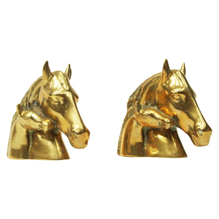 1950s Pair of Solid Brass Horse and Foal Bookends Sculptures For Sale
