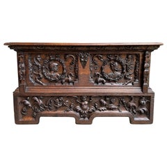 19th Century French Carved Oak Trunk Bench Chest Gothic Renaissance Coffee Table